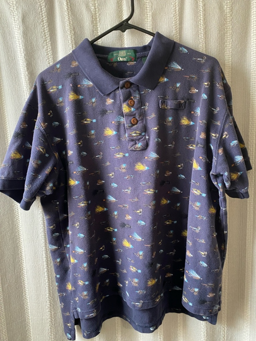 Men’s Vintage Orvis Navy Polo with Multicolor Fly Fishing Print